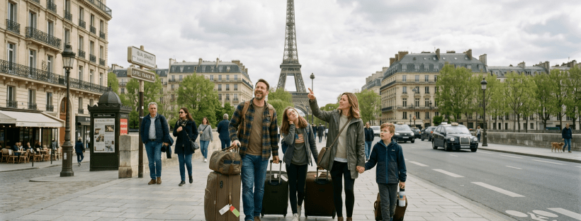 Family with suitcases near Eiffel Tower in Paris